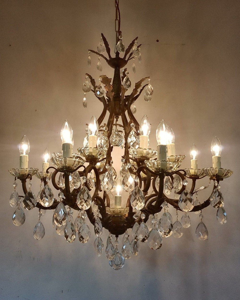 Antique Birdcage 16 Arm Gilt Brass Crystal Chandelier