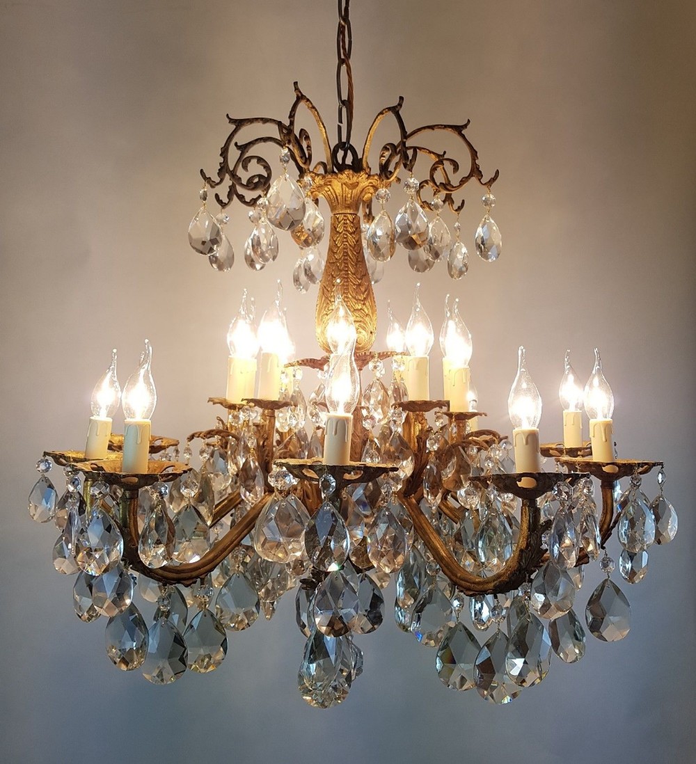 Large c1900 20 Arm Gilt Brass Crystal Chandelier