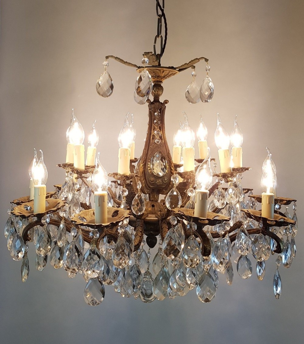 c1910 20 Arm Gilt Brass Crystal Chandelier