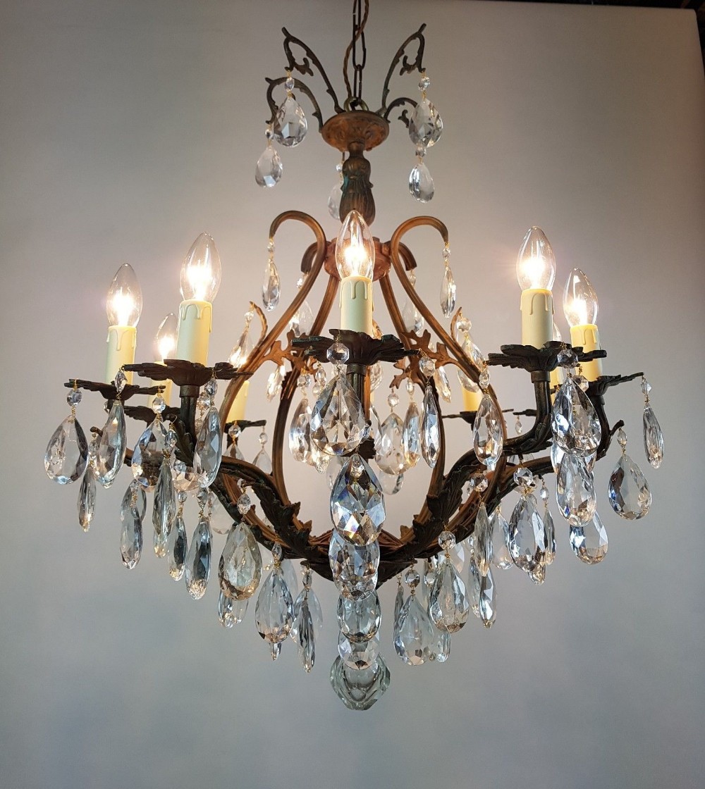 French c1910 10 Arm Gilt Brass Crystal Birdcage Chandelier