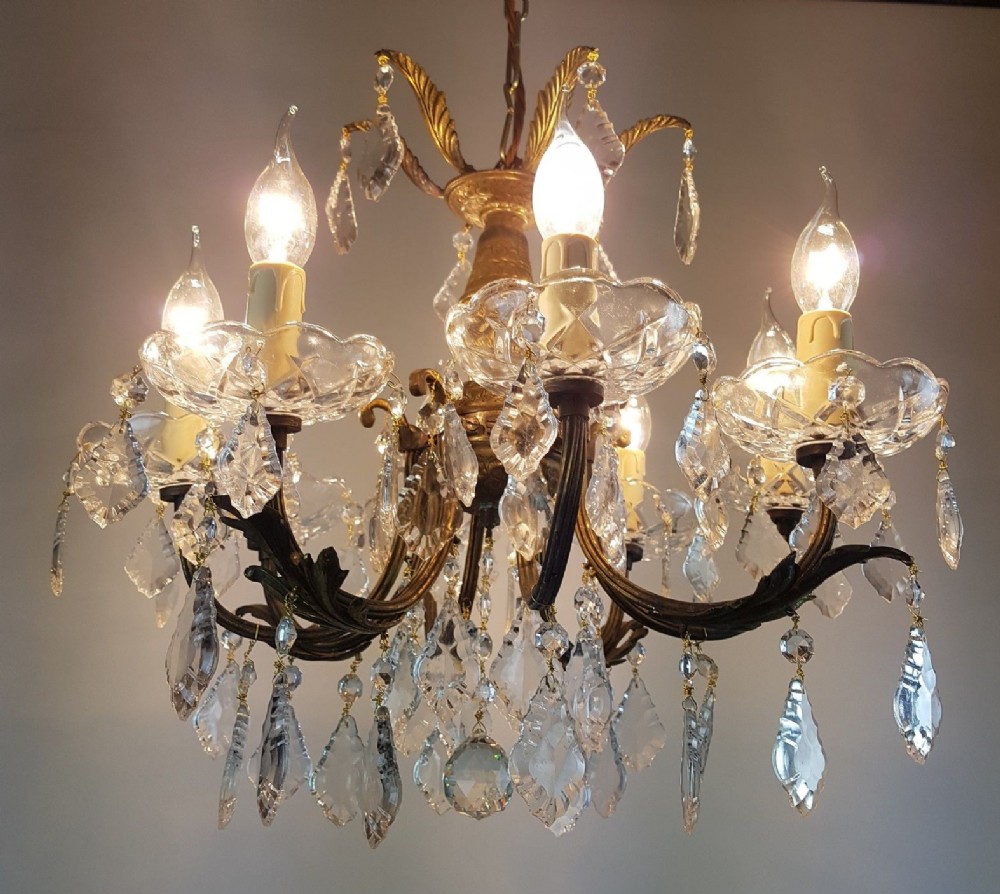 Small c1920 8 Arm Gilt Brass Glass Chandelier