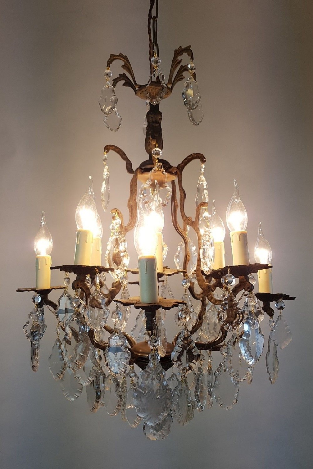 c1910 12 Arm Gilt Brass Birdcage Chandelier