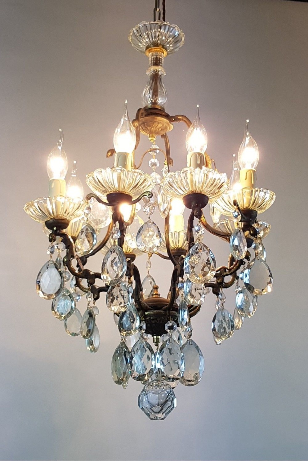 French c1910 Small 8 Arm Gilt Brass Bag Chandelier