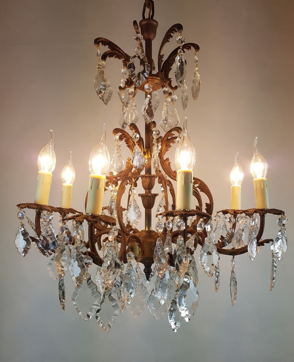 c1910 8 Arm Gilt Brass Glass Birdcage Chandelier Fully Original Chain and Rose 