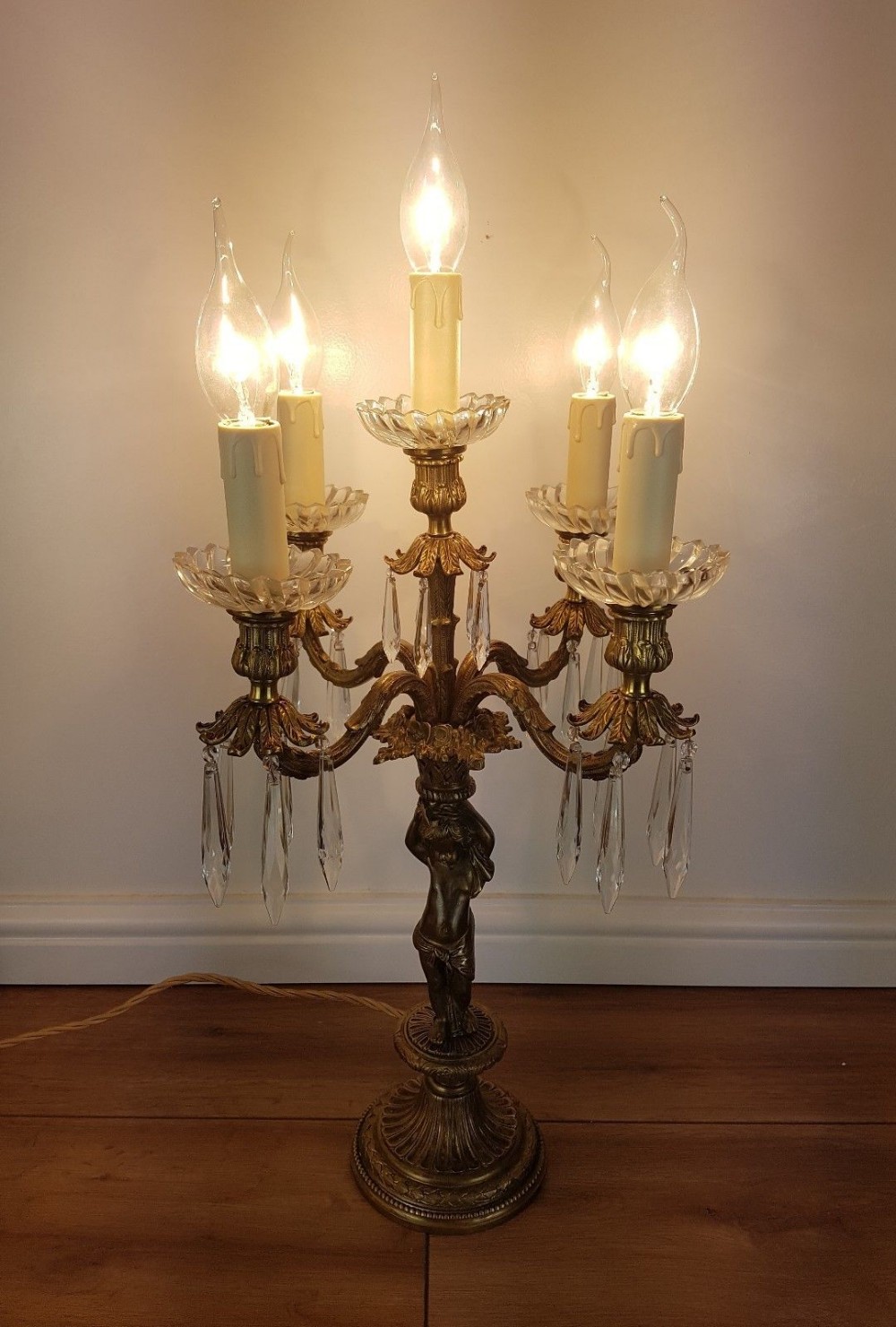 c1900 French Cherub 4 Arm Gilded Brass Crystal Candelabra