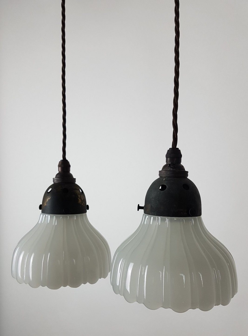 2 Small Milk Glass Holophane Ceiling Lights with Original Distressed Galleries 
