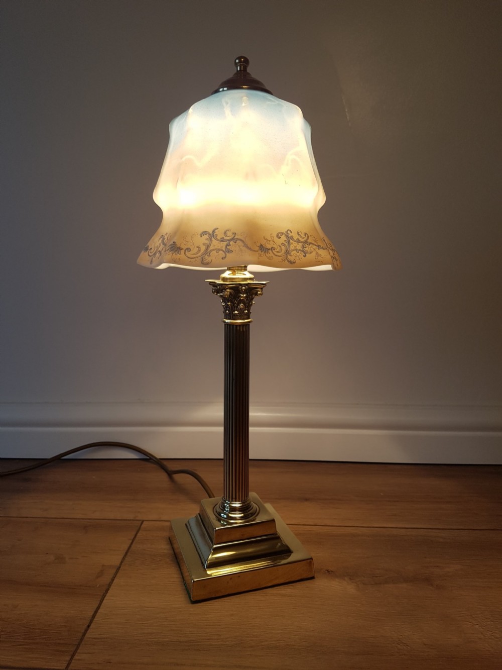 Corinthian Column Table Lamp with Blue Ceramic Shade; PAT Tested View II