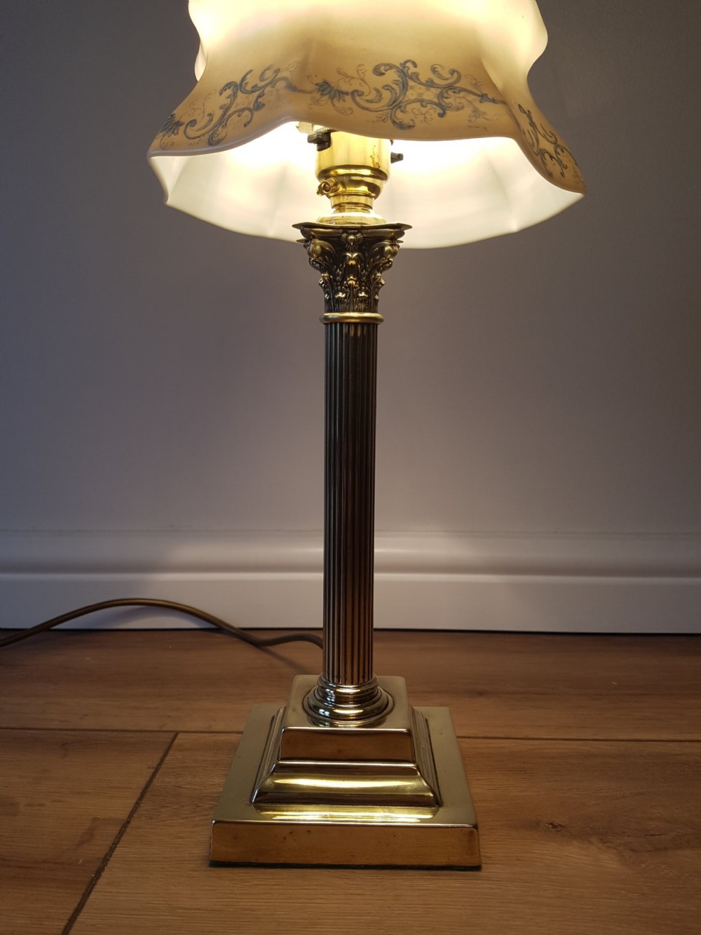 Corinthian Column Table Lamp with Blue Ceramic Shade; PAT Tested View III