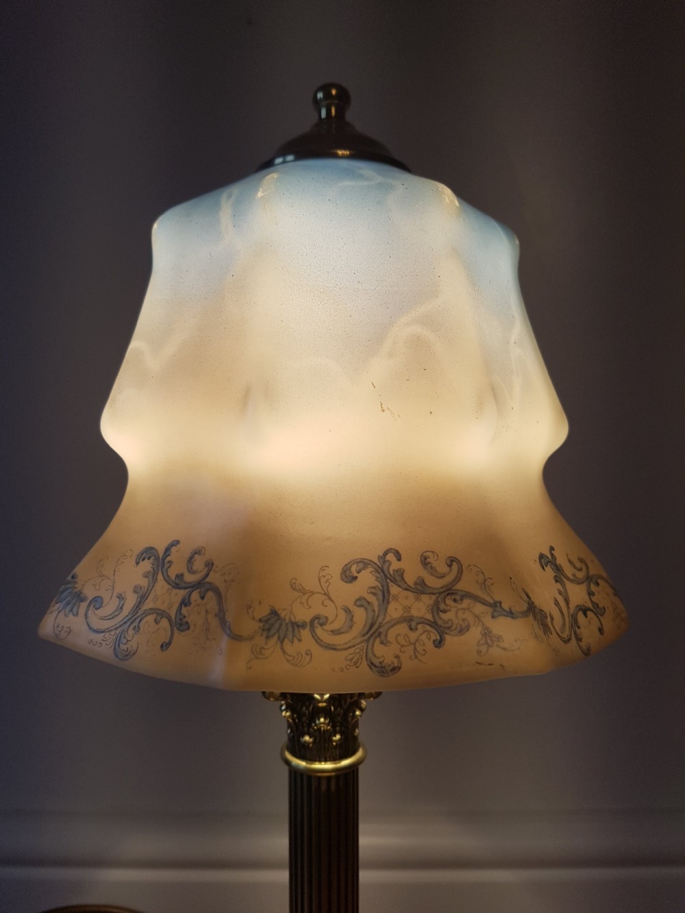 Corinthian Column Table Lamp with Blue Ceramic Shade; PAT Tested View IV