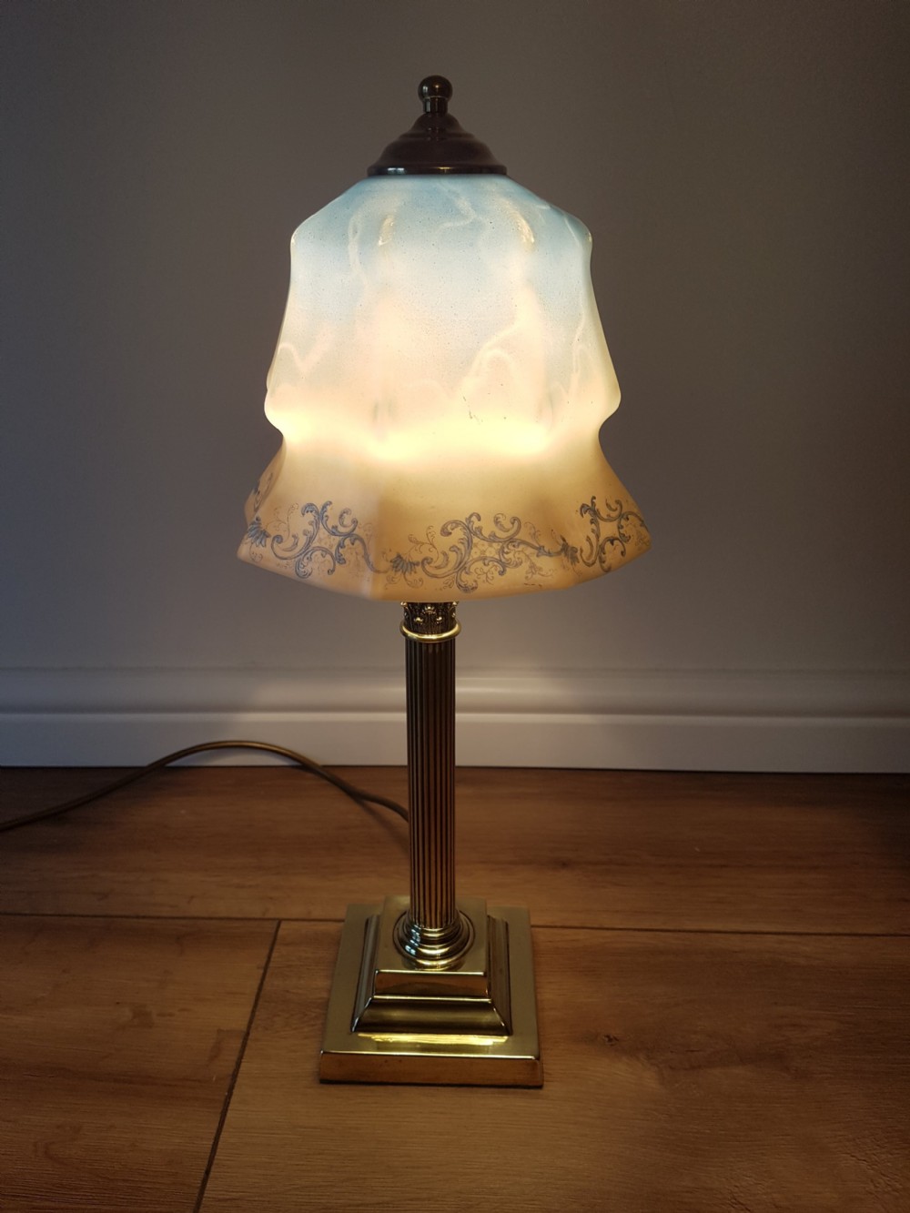 Corinthian Column Table Lamp with Blue Ceramic Shade; PAT Tested View V