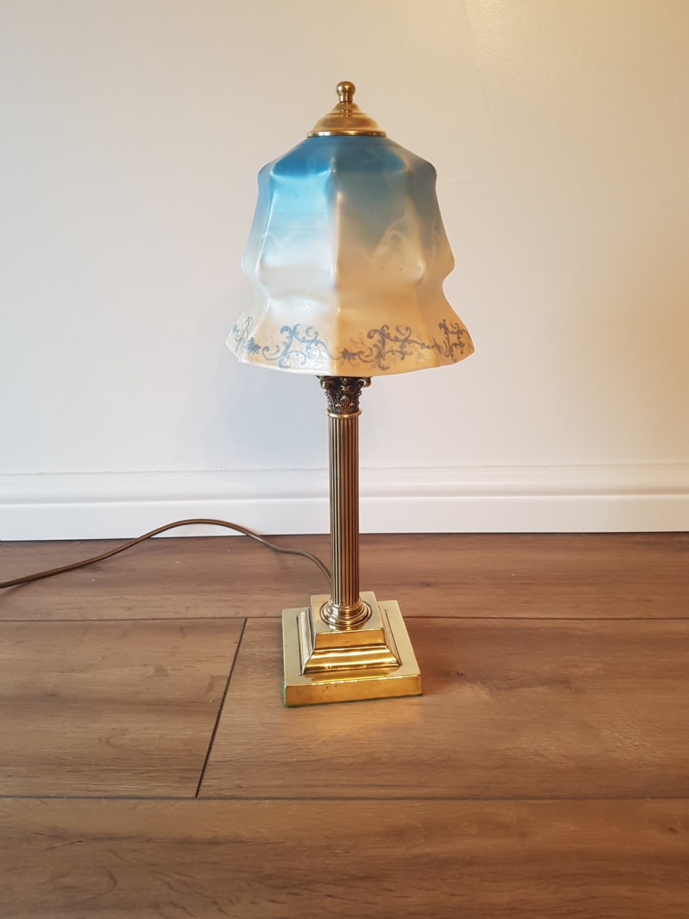 Corinthian Column Table Lamp with Blue Ceramic Shade; PAT Tested View VI