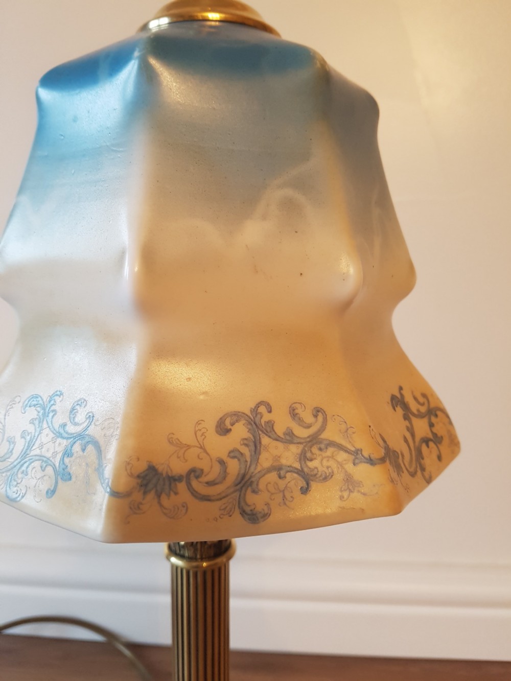 Corinthian Column Table Lamp with Blue Ceramic Shade; PAT Tested View VIII