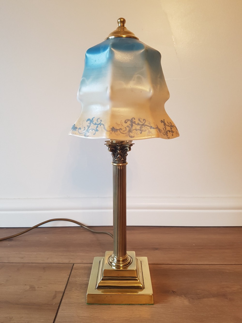 Corinthian Column Table Lamp with Blue Ceramic Shade; PAT Tested View XI