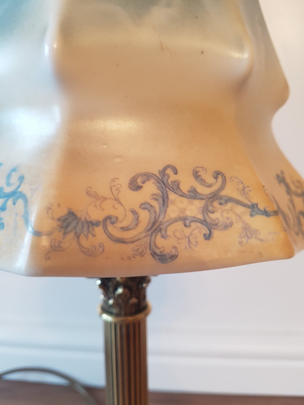 Corinthian Column Table Lamp with Blue Ceramic Shade; PAT Tested View XII