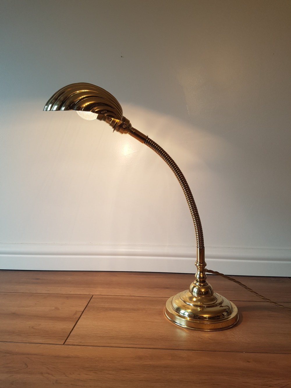 Polished Brass Adjustable Bendy Desk Table Lamp; c1920. PAT Tested