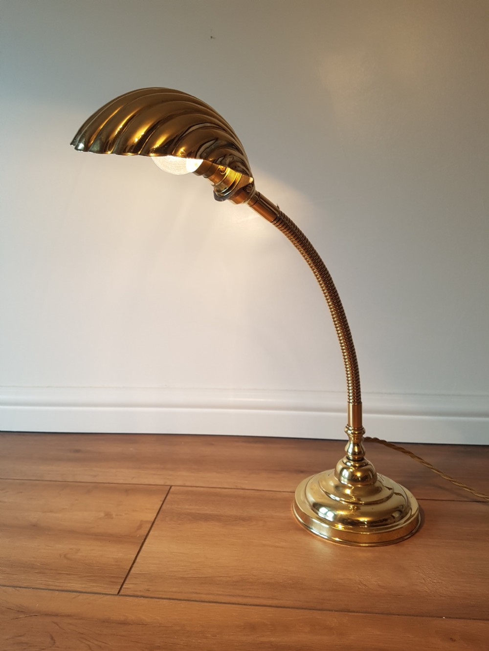 Polished Brass Adjustable Bendy Desk Table Lamp; c1920. PAT Tested View II