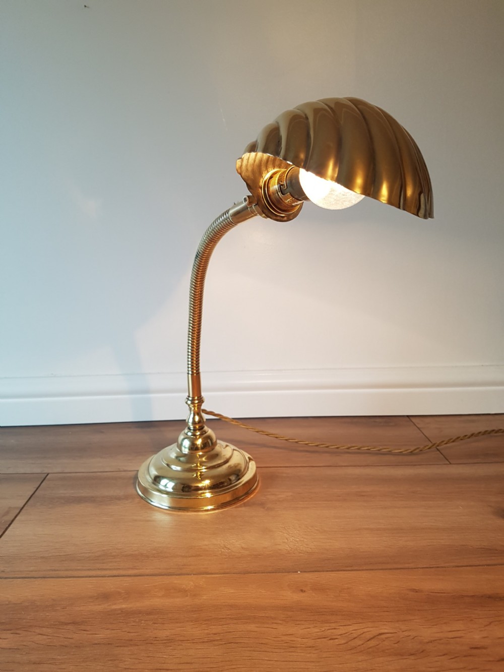 Polished Brass Adjustable Bendy Desk Table Lamp; c1920. PAT Tested View V