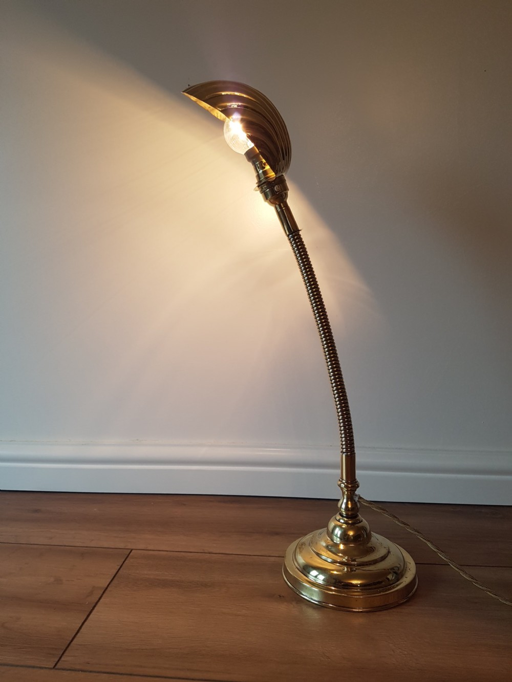 Polished Brass Adjustable Bendy Desk Table Lamp; c1920. PAT Tested View VII