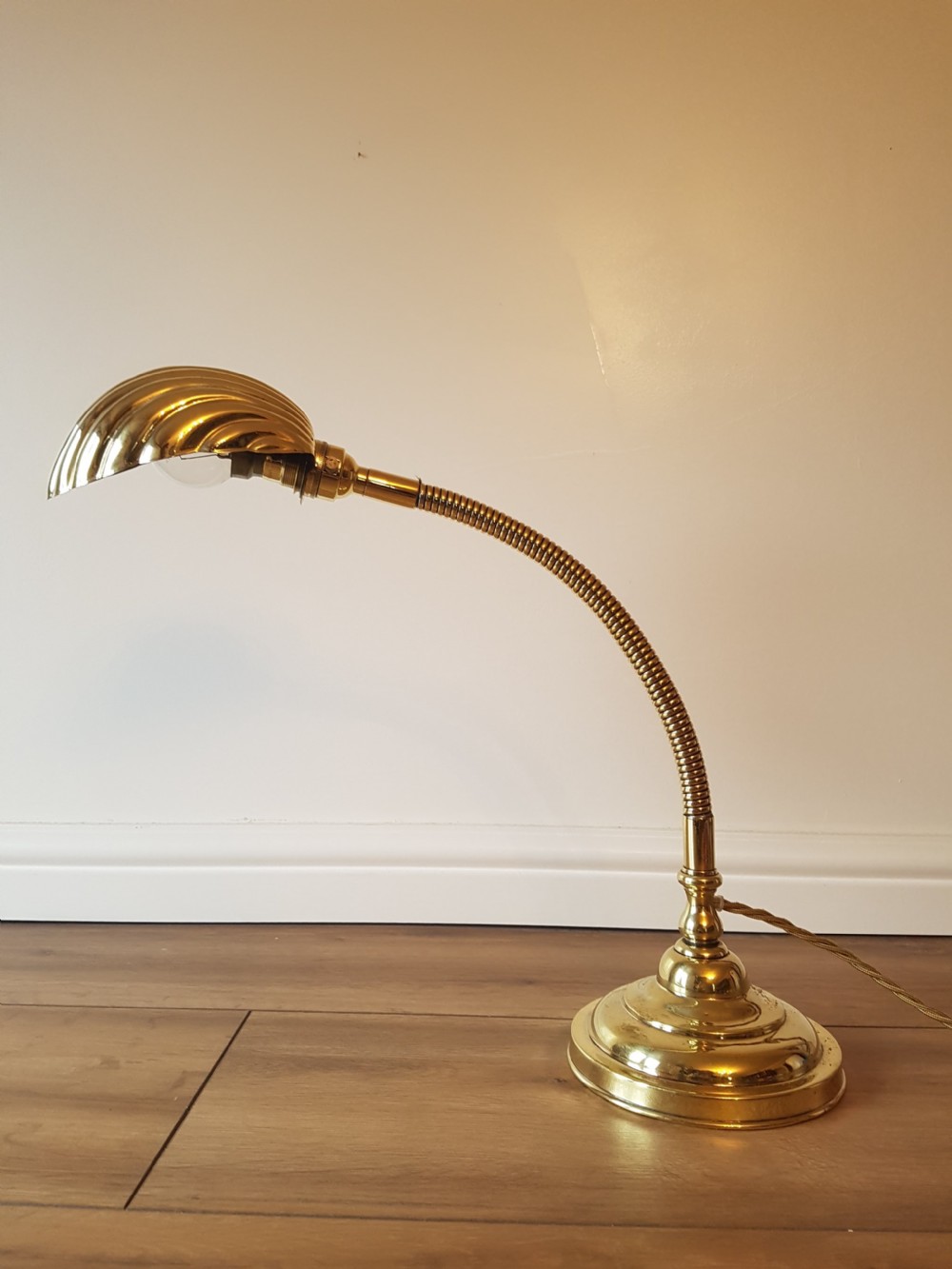 Polished Brass Adjustable Bendy Desk Table Lamp; c1920. PAT Tested View VIII