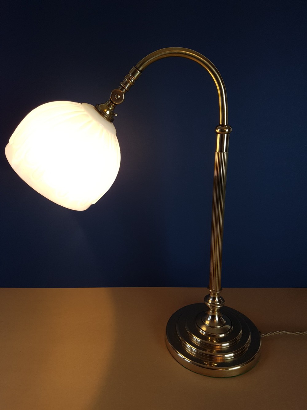 1920's Swann Neck Adjustable Brass Table Desk Lamp; Rewired View V