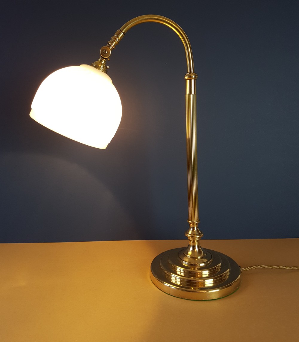 1920's Swann Neck Adjustable Brass Table Desk Lamp; Rewired View VIII