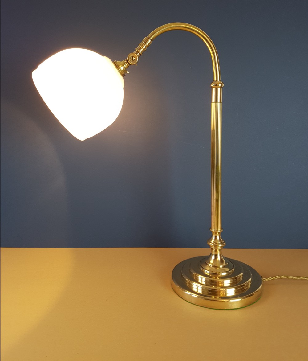 1920's Swann Neck Adjustable Brass Table Desk Lamp; Rewired View IX