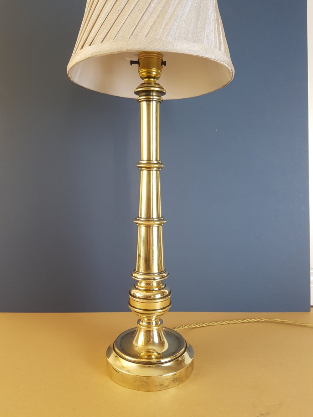 c1910 Tall Heavy Brass Table Lamp with Champagne Twist Pleat Shade View II