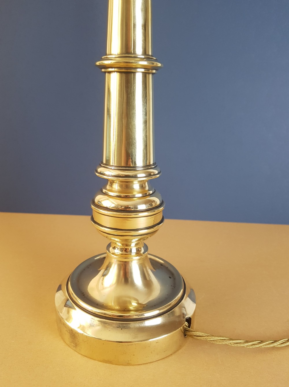c1910 Tall Heavy Brass Table Lamp with Champagne Twist Pleat Shade View V