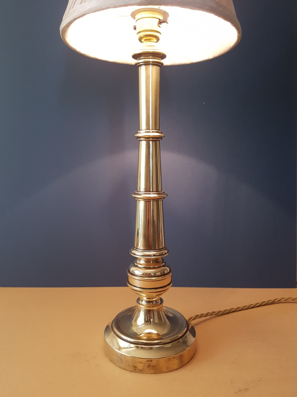 c1910 Tall Heavy Brass Table Lamp with Champagne Twist Pleat Shade View VI