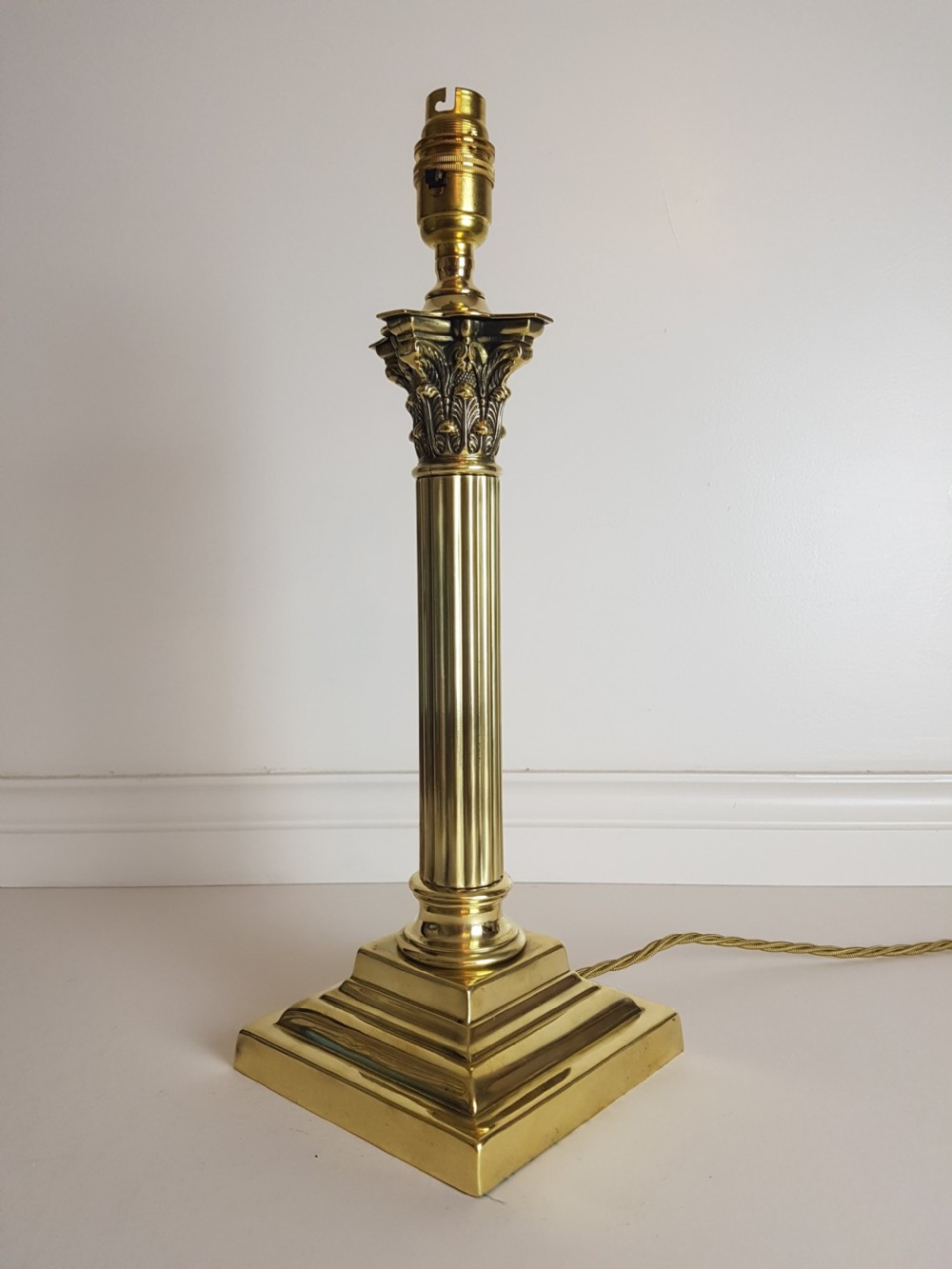c1920 Polished Brass Corinthian Column Table Lamp; Base Only. Rewired & PAT Tested