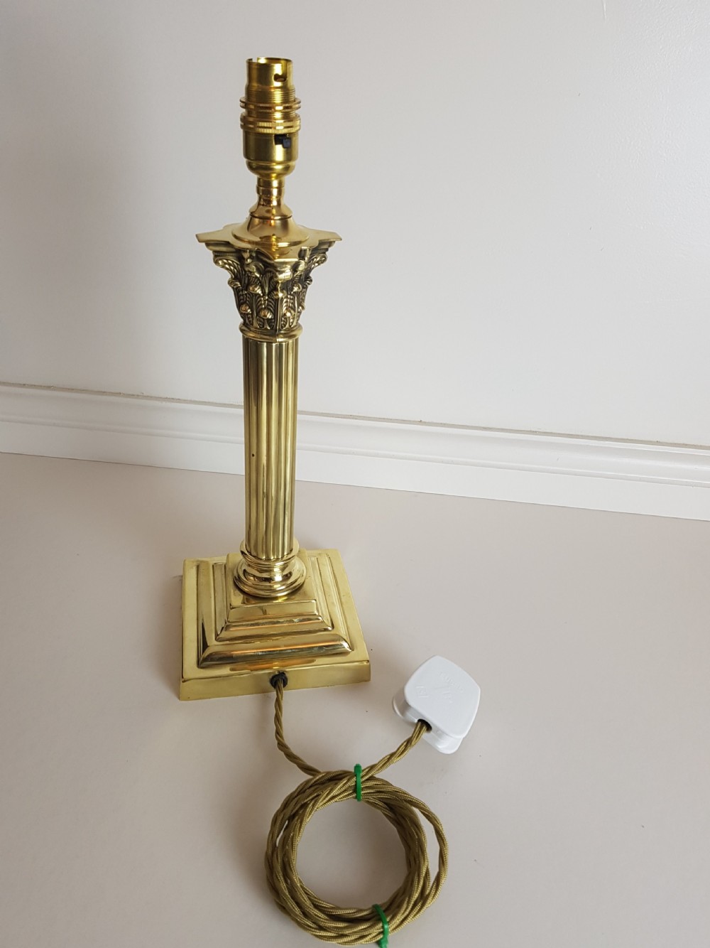 c1920 Polished Brass Corinthian Column Table Lamp; Base Only. Rewired & PAT Tested View IV