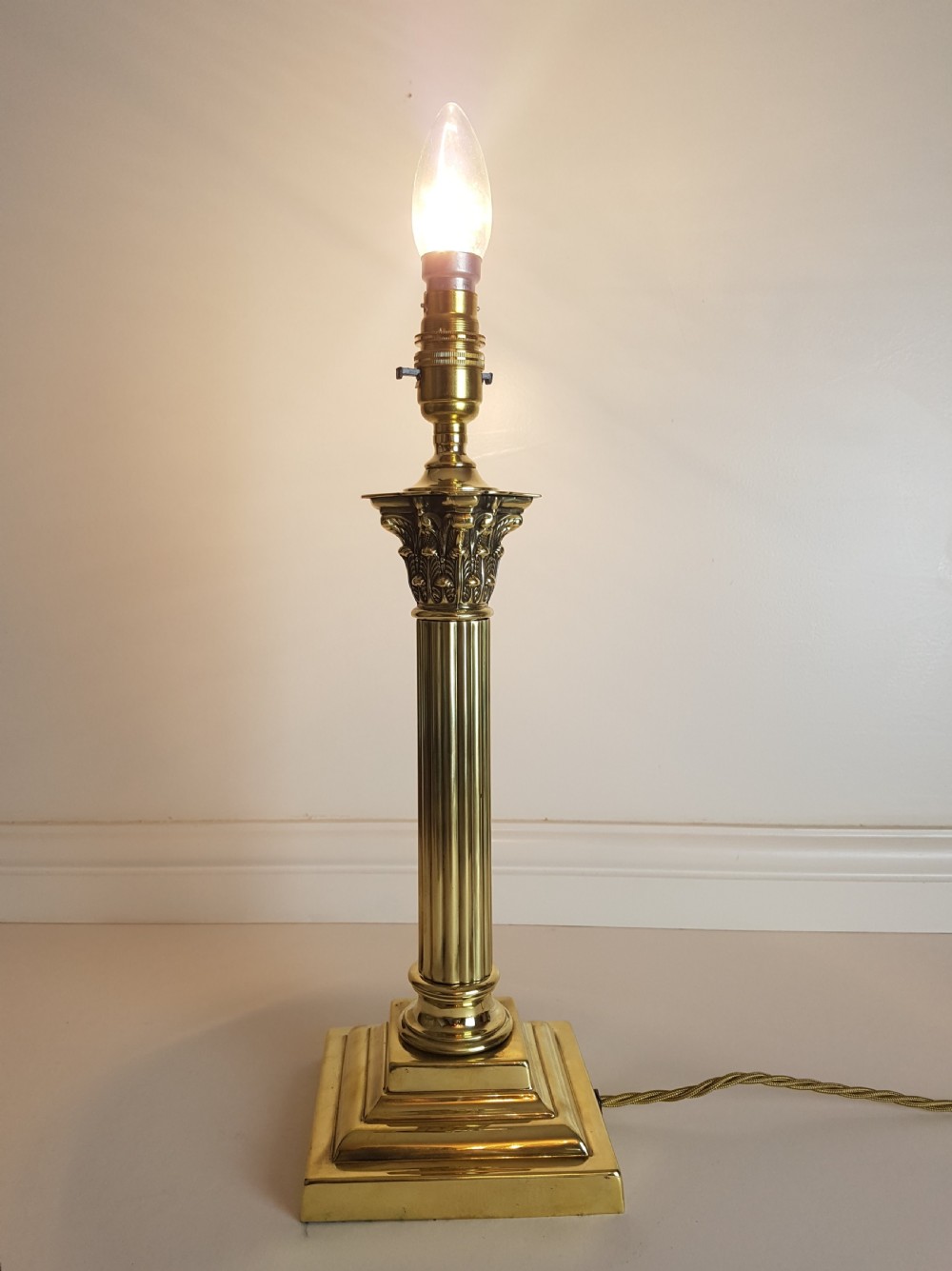 c1920 Polished Brass Corinthian Column Table Lamp; Base Only. Rewired & PAT Tested View VII