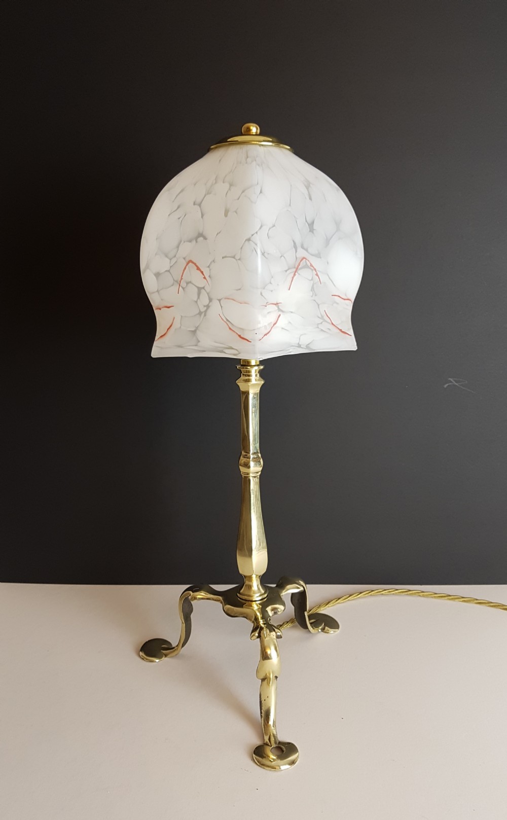c1910 Brass Pullman Lamp with Red Piped Marble Ceramic Shade