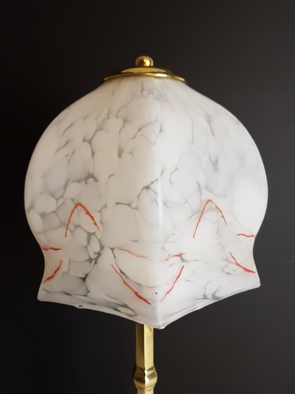 c1910 Brass Pullman Lamp with Red Piped Marble Ceramic Shade View II