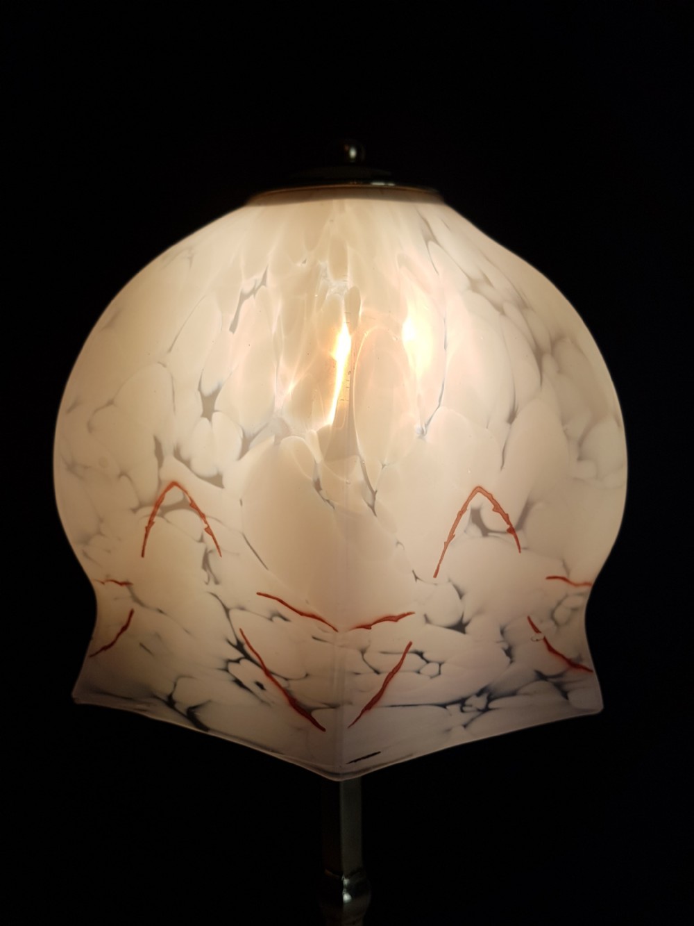 c1910 Brass Pullman Lamp with Red Piped Marble Ceramic Shade View III