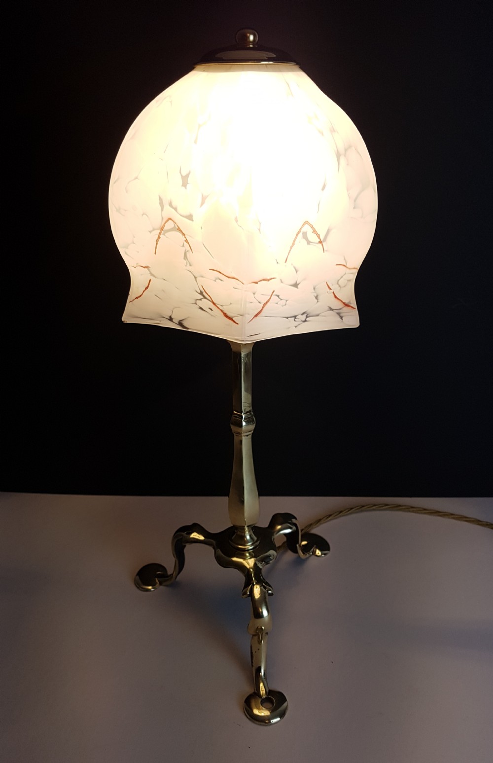c1910 Brass Pullman Lamp with Red Piped Marble Ceramic Shade View V