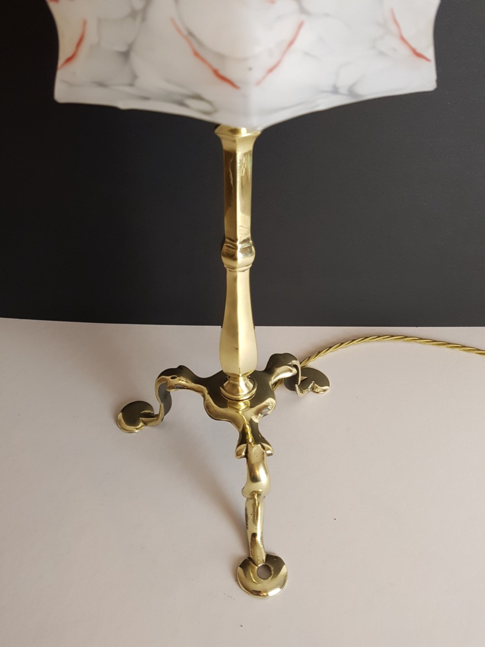 c1910 Brass Pullman Lamp with Red Piped Marble Ceramic Shade View VI