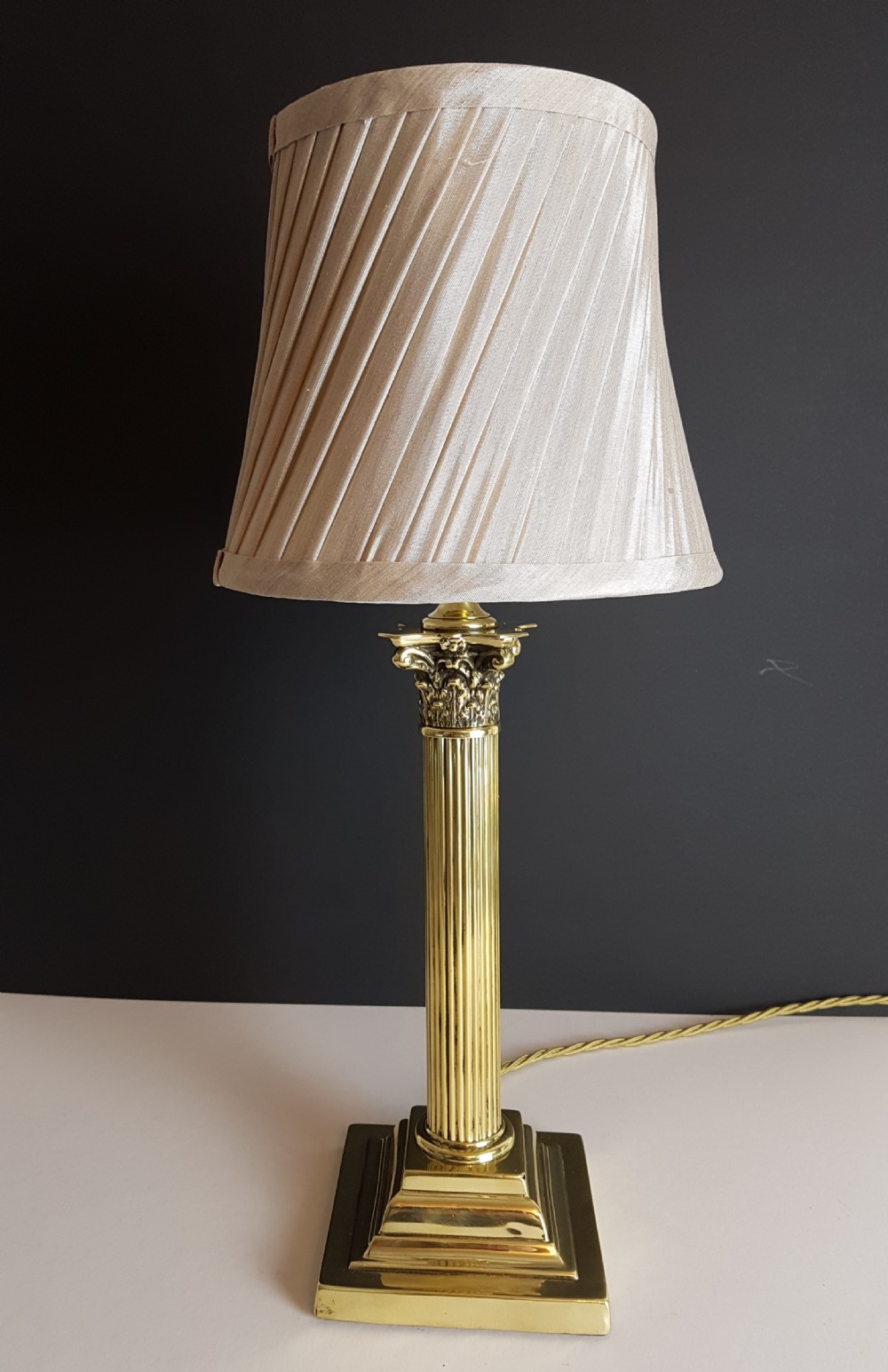 c1920 Brass Corinthian Column Table Lamp with Champagne Twist Pleat Shade; Rewired View II