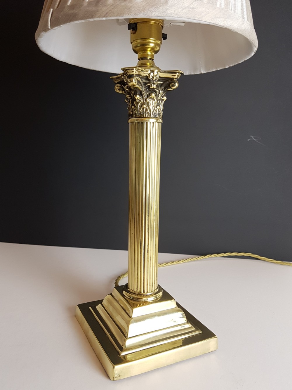 c1920 Brass Corinthian Column Table Lamp with Champagne Twist Pleat Shade; Rewired View III