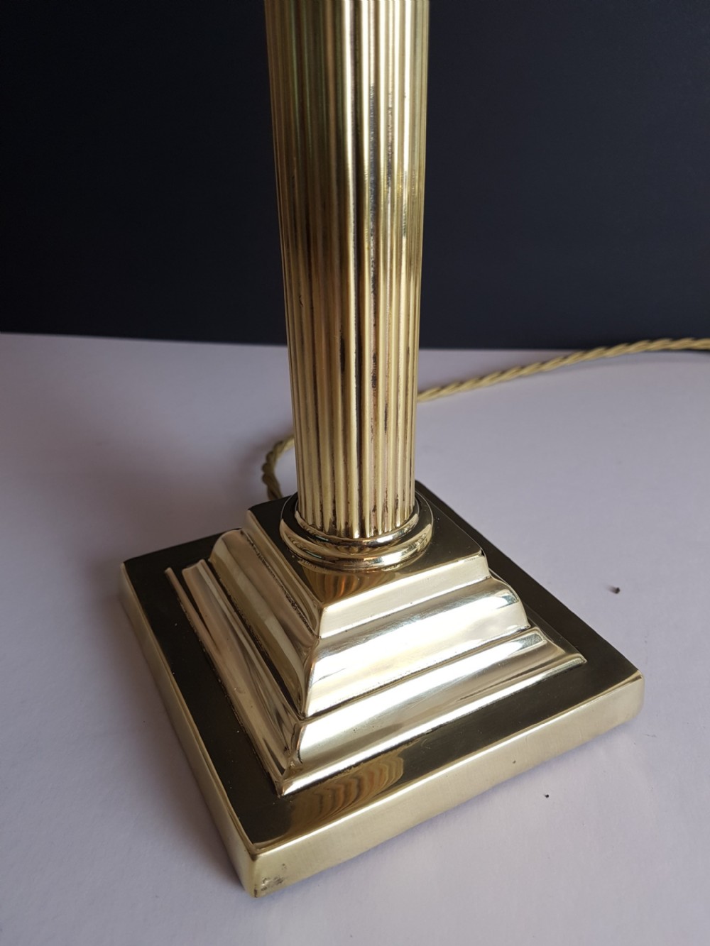 c1920 Brass Corinthian Column Table Lamp with Champagne Twist Pleat Shade; Rewired View IV