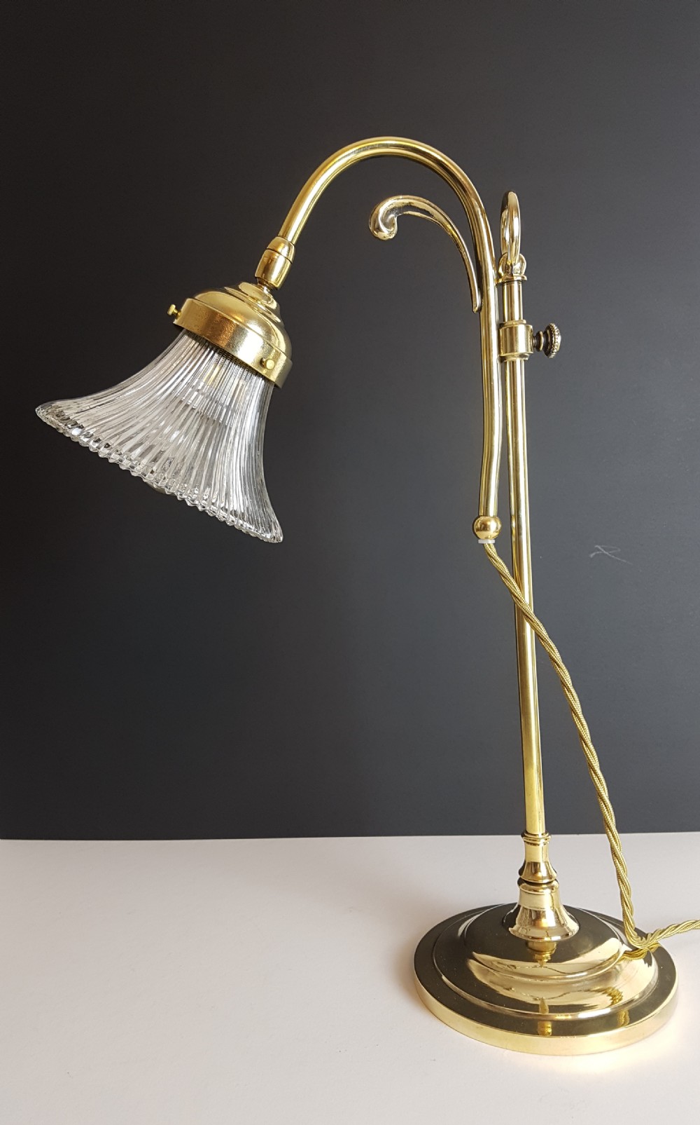 c1920 Brass Rise & Fall Table Lamp with Holophane shade