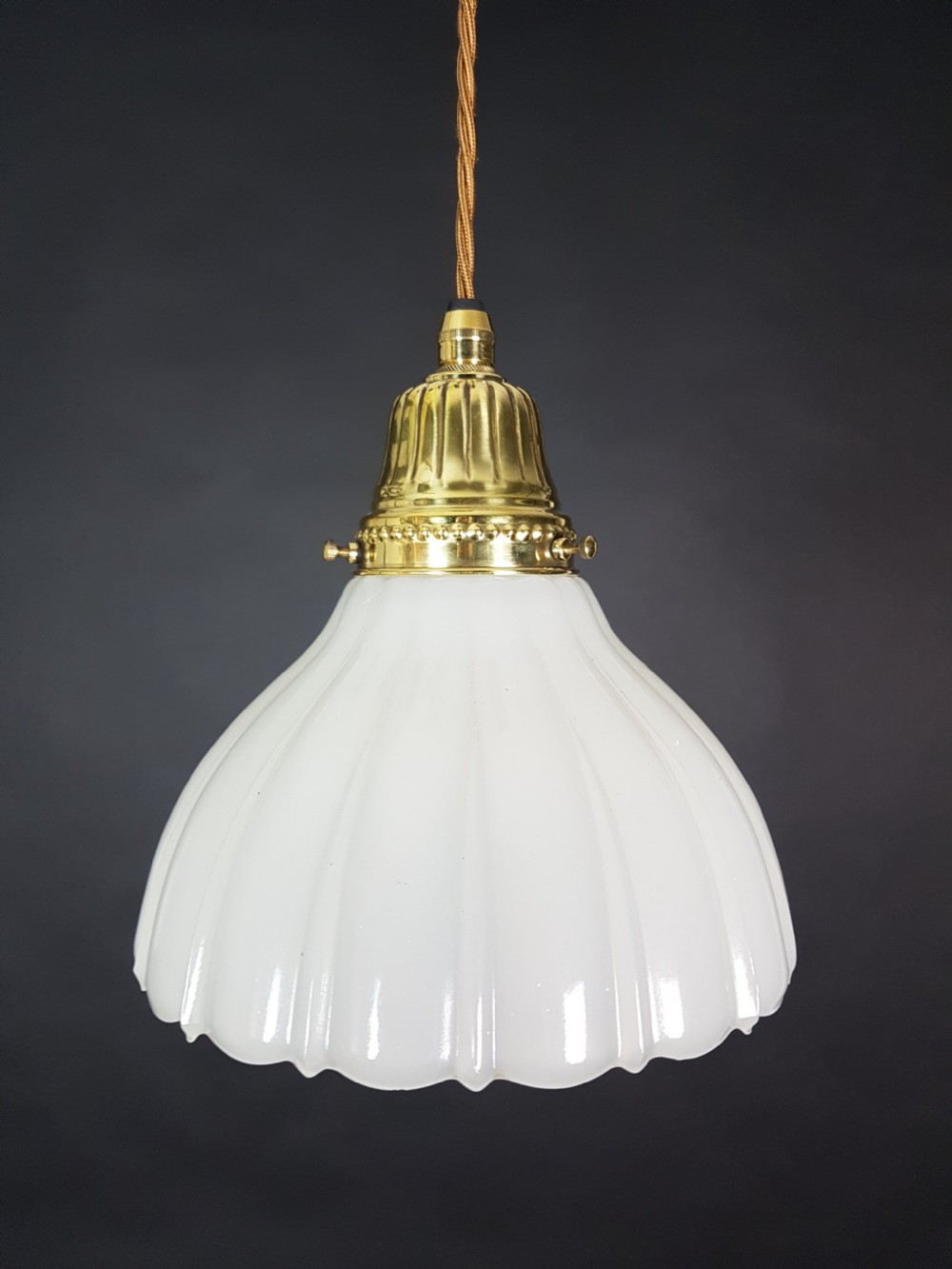 c1910 Milk Glass Ceiling Pendant Light with Original Brass Gallery and Ceiling Plate; Rewired