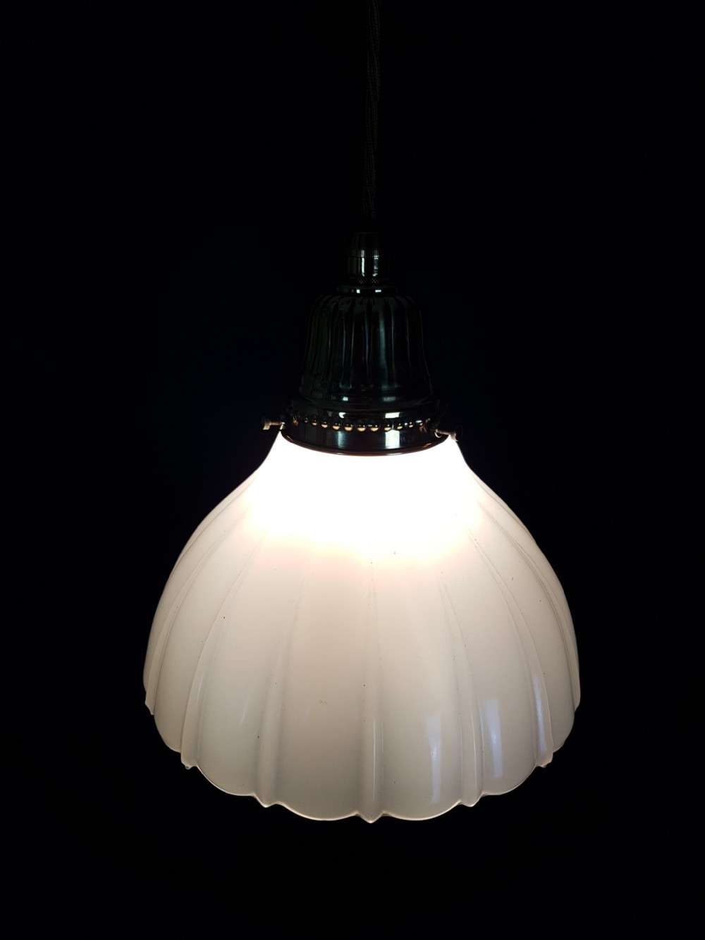 c1910 Milk Glass Ceiling Pendant Light with Original Brass Gallery and Ceiling Plate; Rewired View II