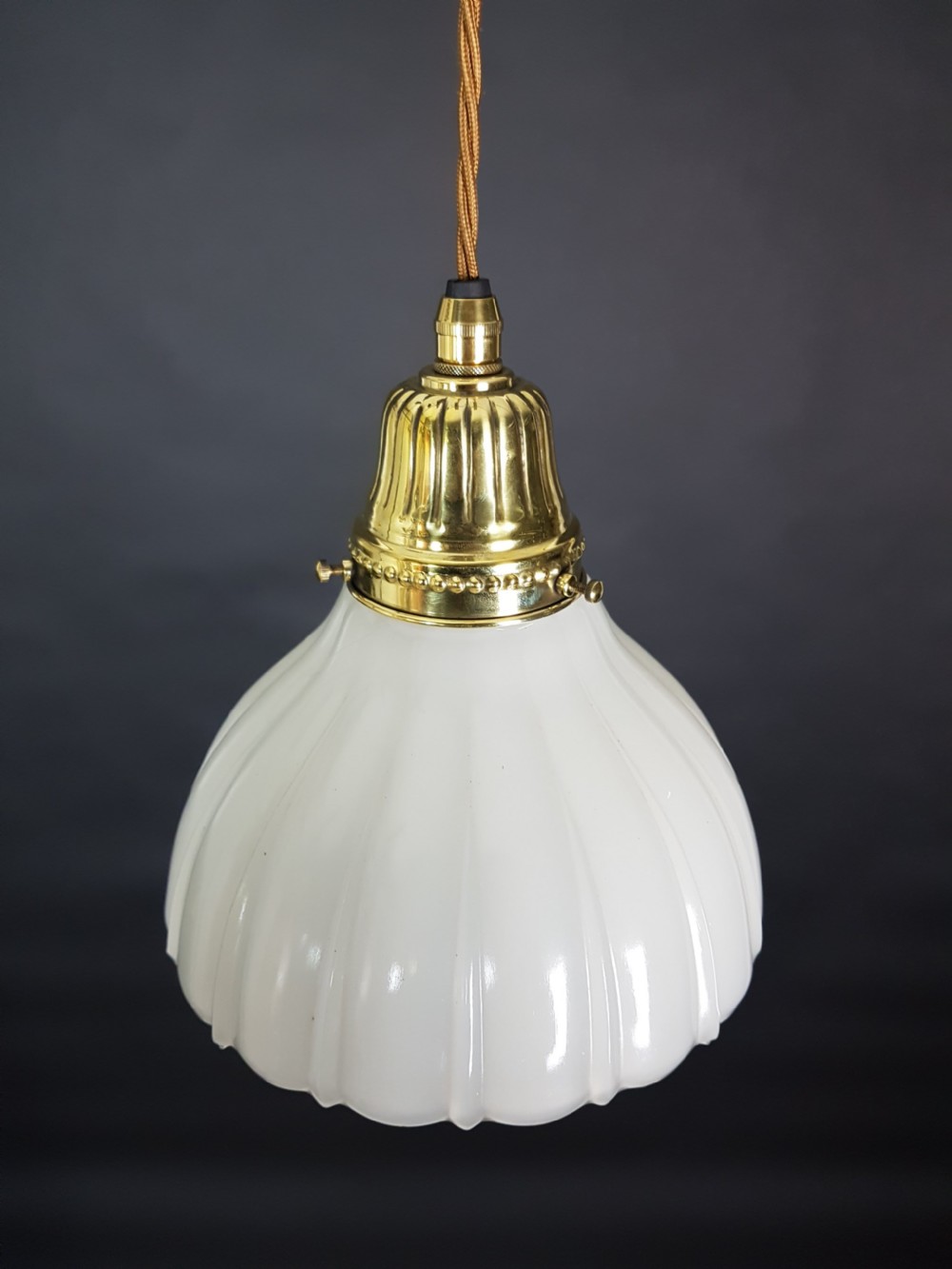 c1910 Milk Glass Ceiling Pendant Light with Original Brass Gallery and Ceiling Plate; Rewired View III