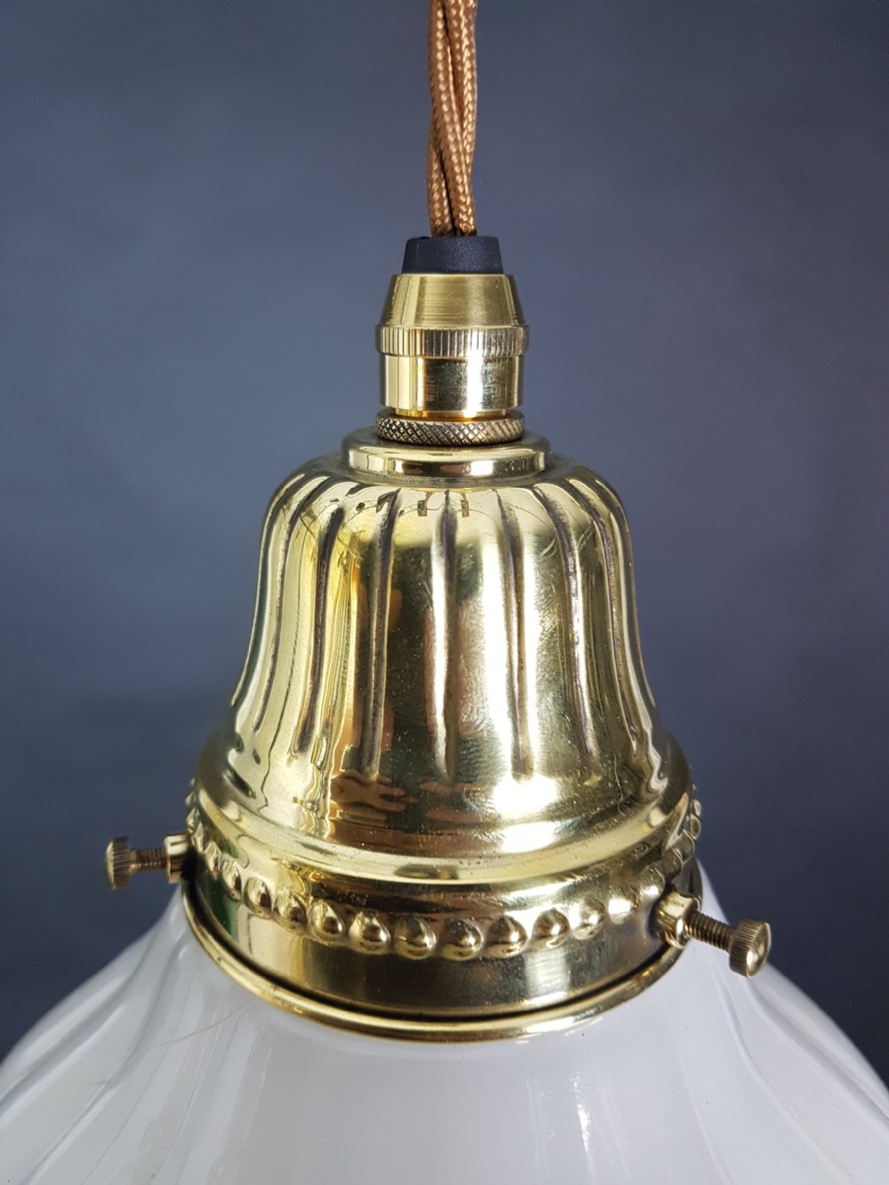 c1910 Milk Glass Ceiling Pendant Light with Original Brass Gallery and Ceiling Plate; Rewired View IV