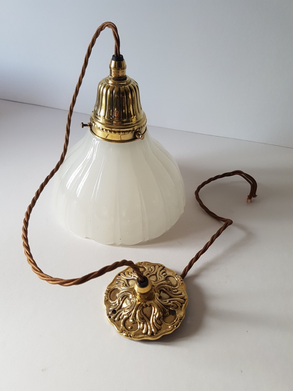 c1910 Milk Glass Ceiling Pendant Light with Original Brass Gallery and Ceiling Plate; Rewired View V