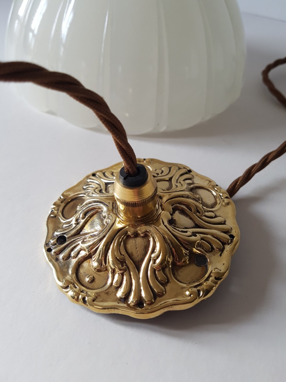 c1910 Milk Glass Ceiling Pendant Light with Original Brass Gallery and Ceiling Plate; Rewired View VI