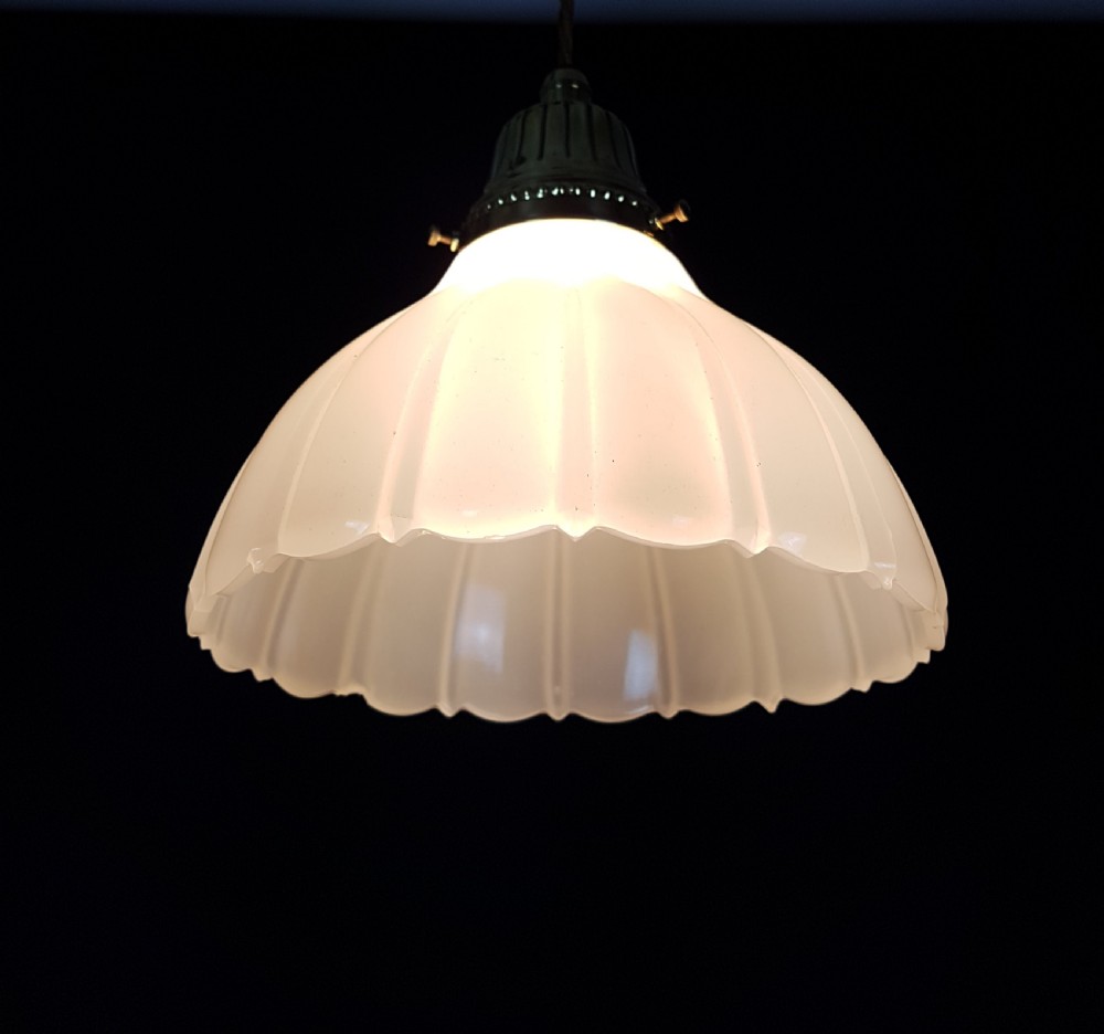 c1910 Milk Glass Ceiling Pendant Light with Original Brass Gallery and Ceiling Plate; Rewired View VII