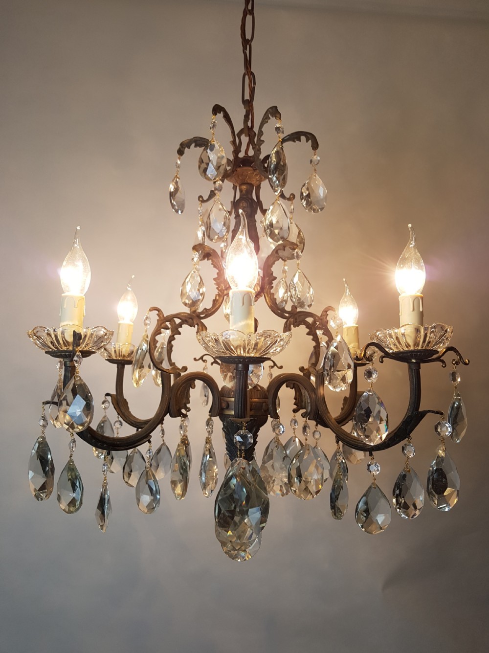 c1910 6 Arm Gilt Brass Crystal Chandelier; Rewired 