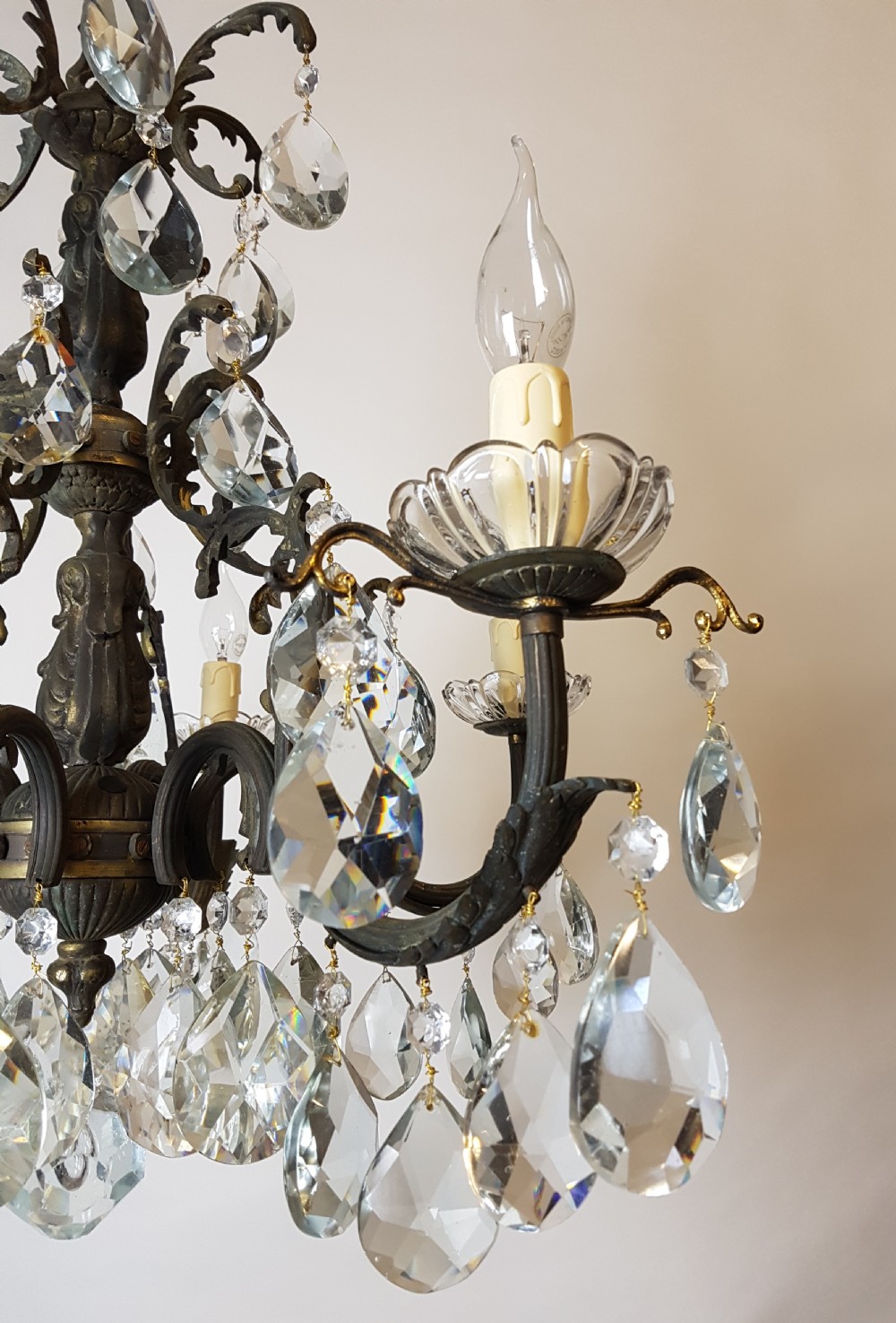 c1910 6 Arm Gilt Brass Crystal Chandelier; Rewired  View II
